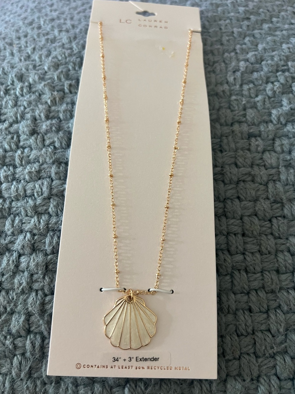 Lauren Conrad LC Recycled Gold Tone 34”, 3” Extender Shell Necklace, new on card